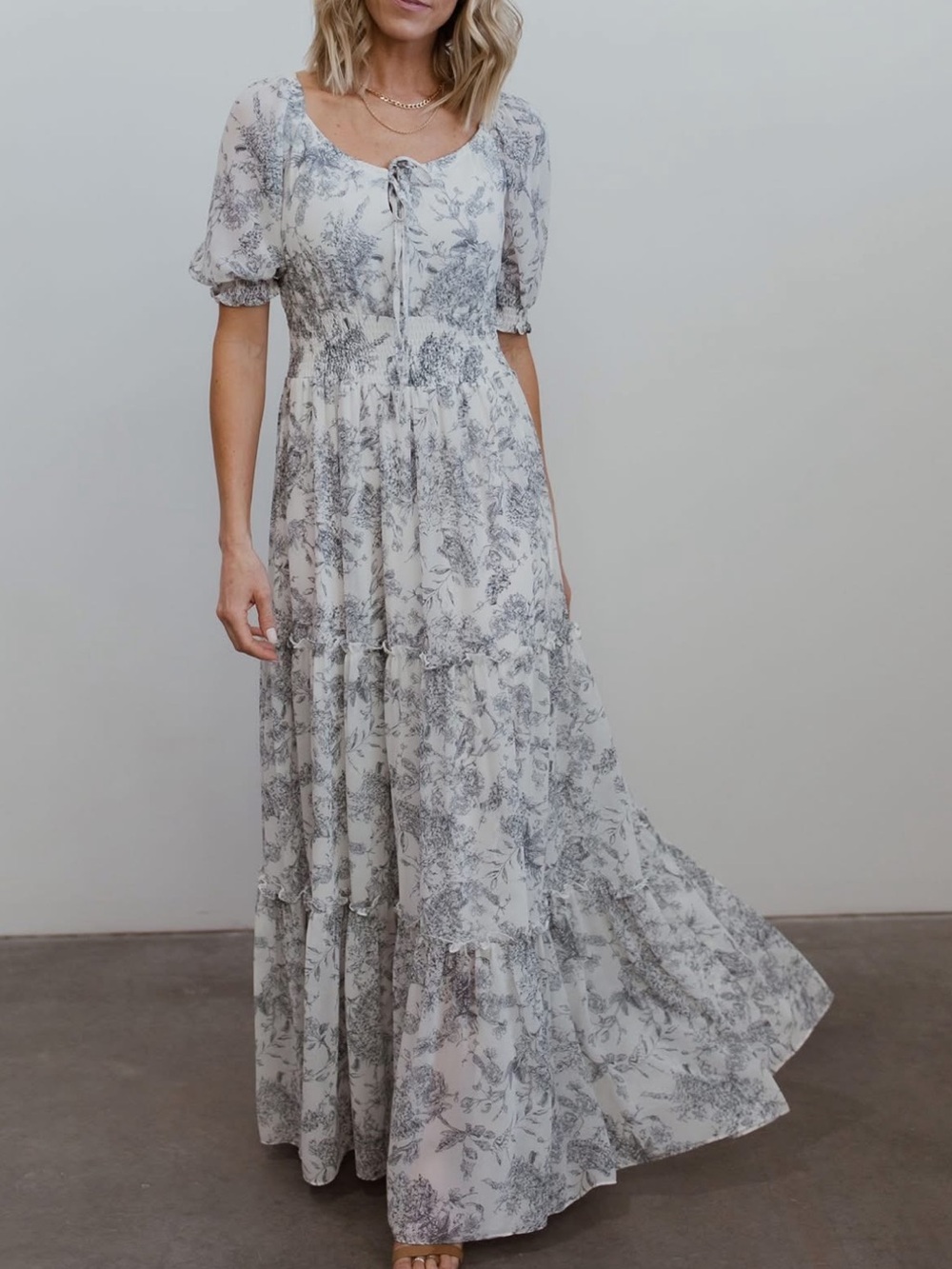 Baltic born Alice blue print smocked ruffle tier maxi dress puff sleeve sz XL